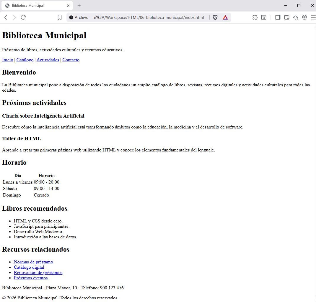 Página representativa de una biblioteca